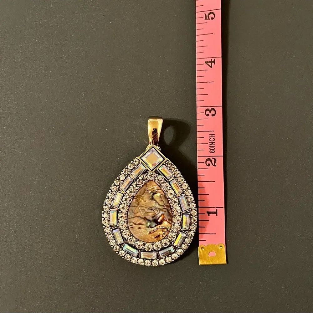 Premier Designs Mesmerized Pendant Baguette Rhinestone Abalone Shell Gold Tone